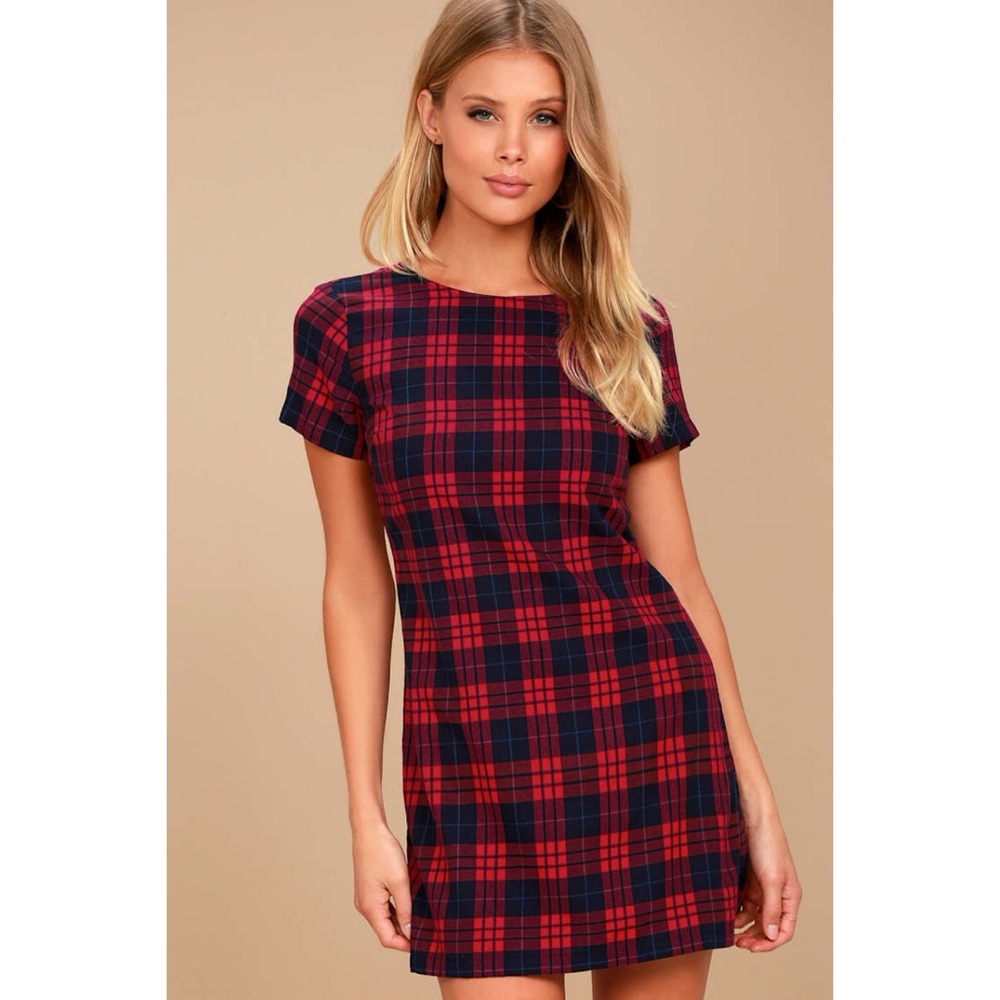 Lulus Cozy Corner Navy Blue and Red Plaid Dress